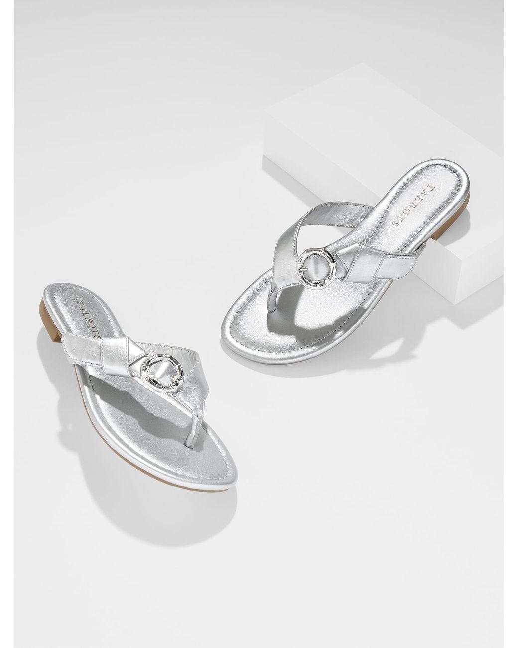 Talbots White Gia Buckle Metallic Thong Sandals