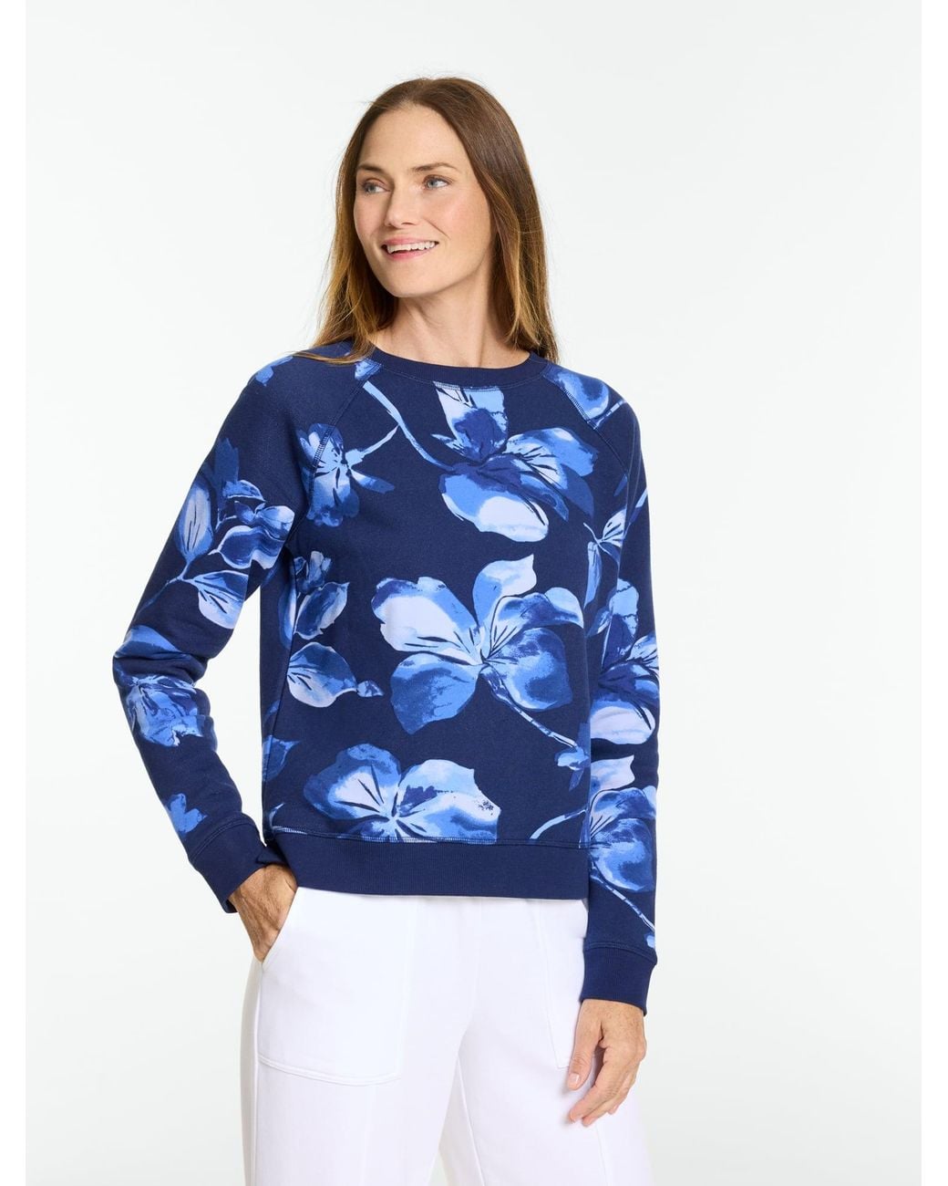 Talbots Blue Cozy Fleece Raglan Pullover Sweater