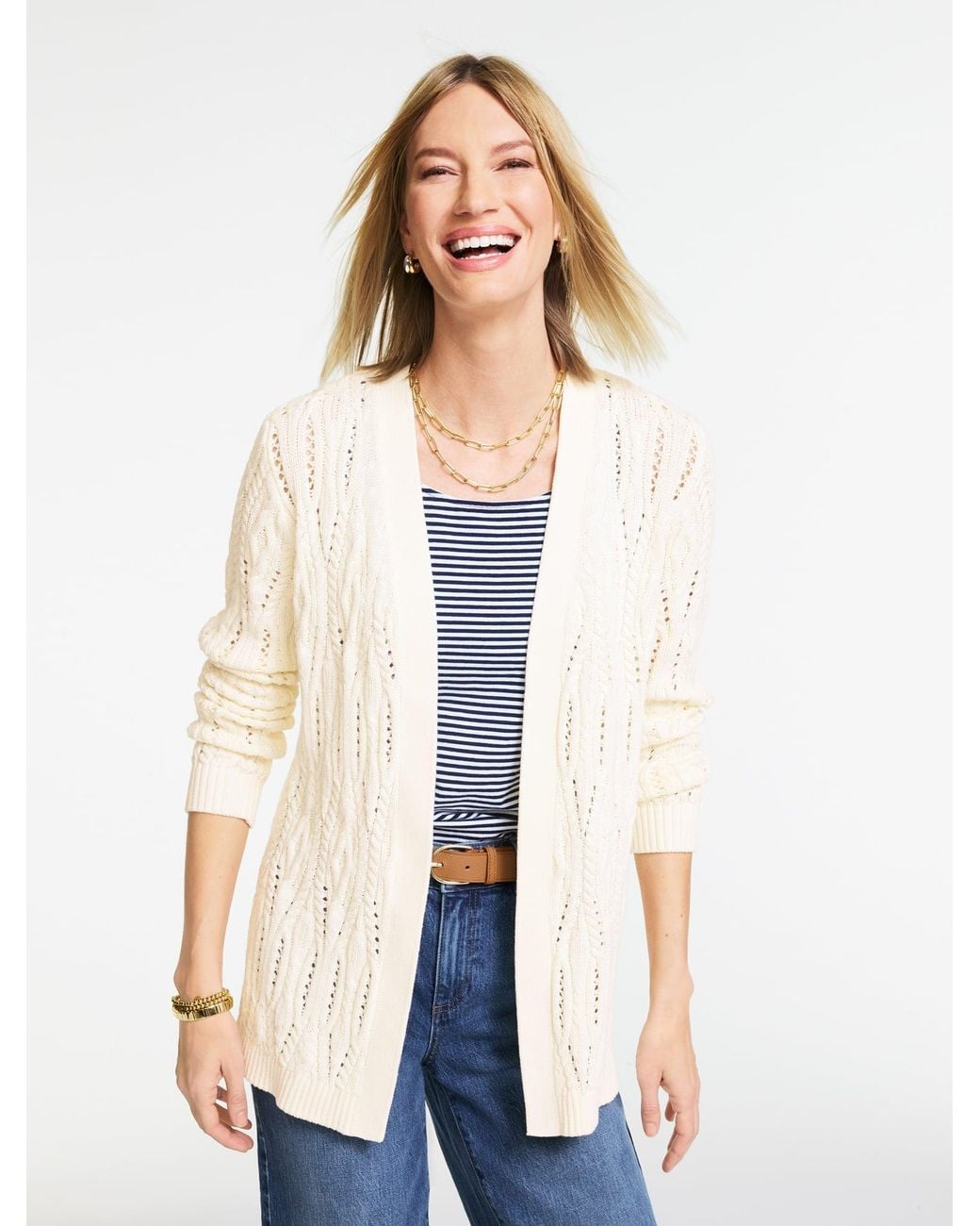 Talbots White Cable Pointelle Cardigan Sweater