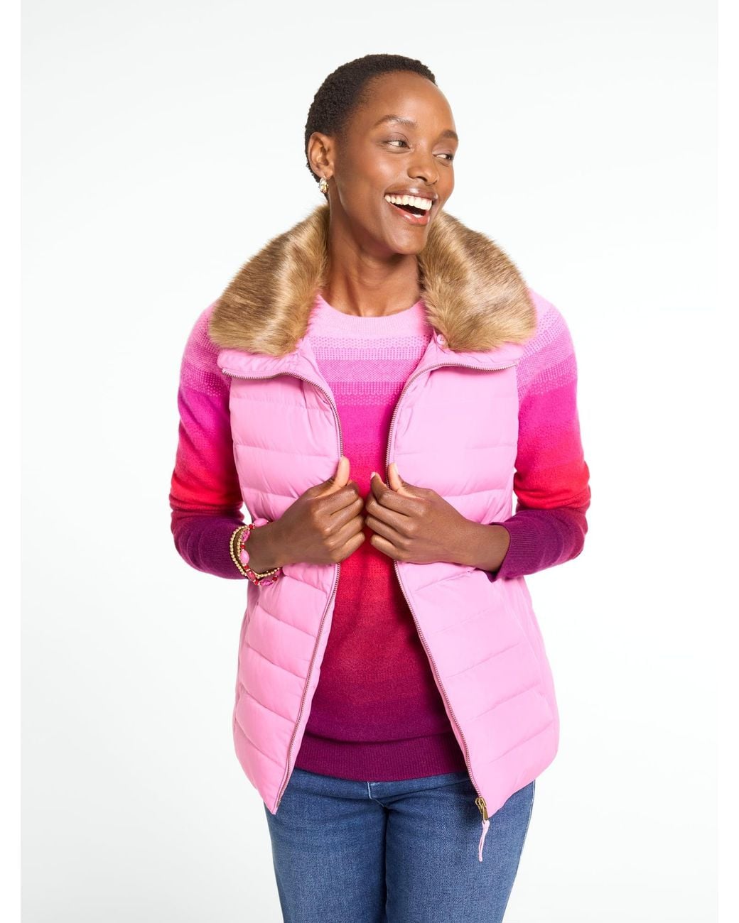 Talbots Pink Faux Fur Collar Puffer Vest