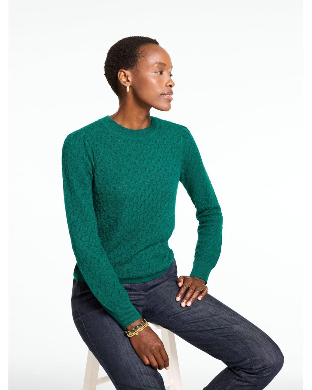 Talbots Green Pointelle Crewneck Sweater Pullover
