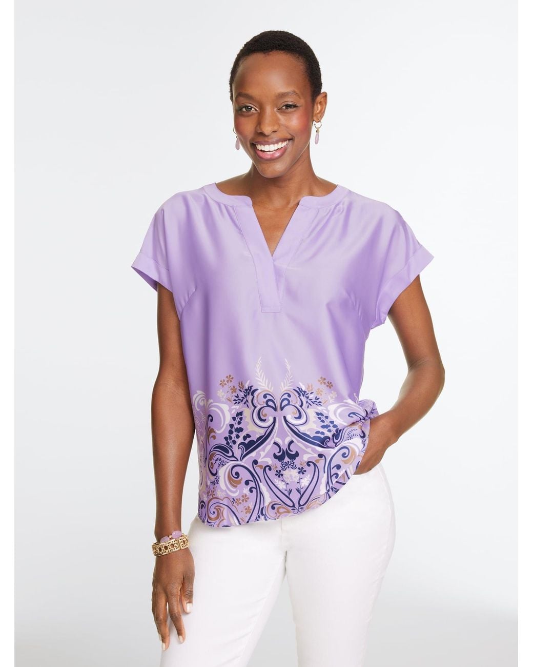 Talbots Purple Soft Satin Charmeuse Split Neck Top