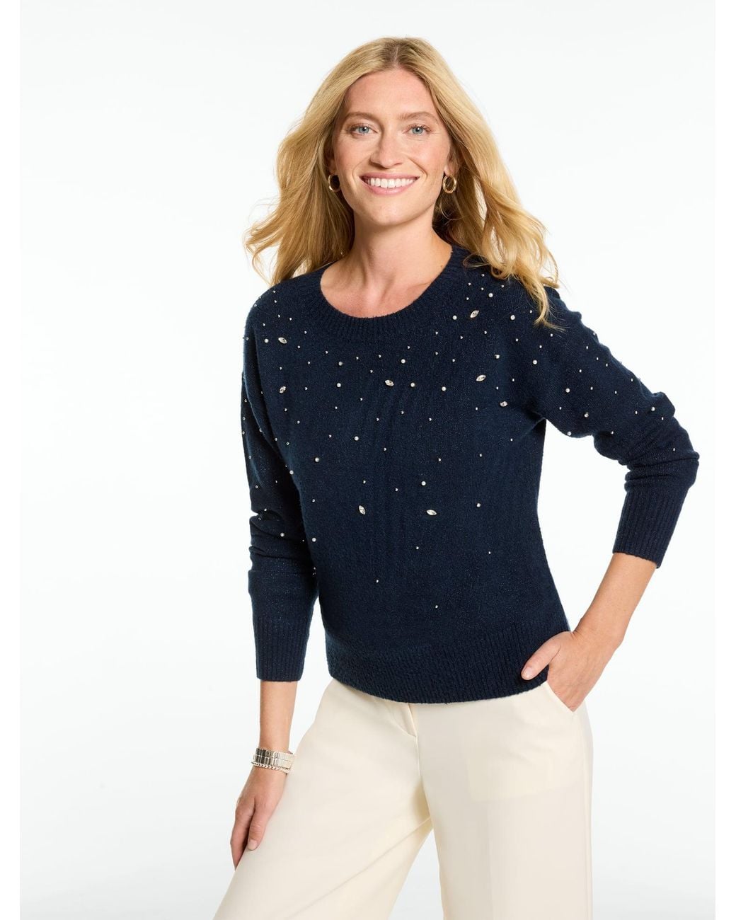 Talbots Blue Embellished Crewneck Sweater
