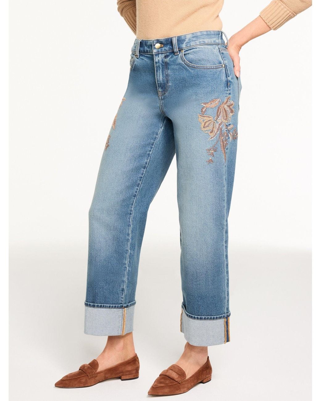 Talbots Blue Straight Ankle Cuff Embroidered Jeans