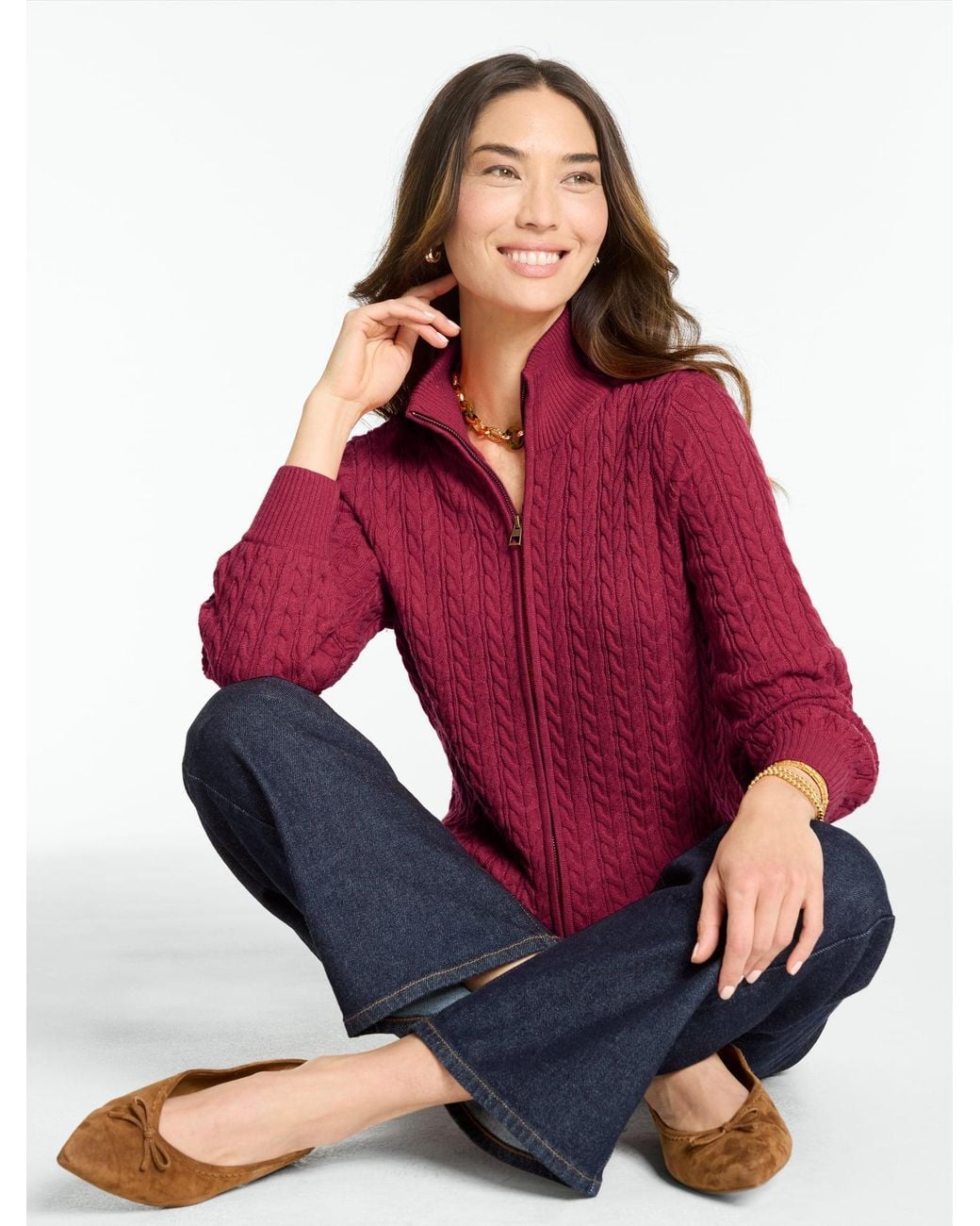 Talbots Red Cable Knit Full-zip Cardigan Sweater