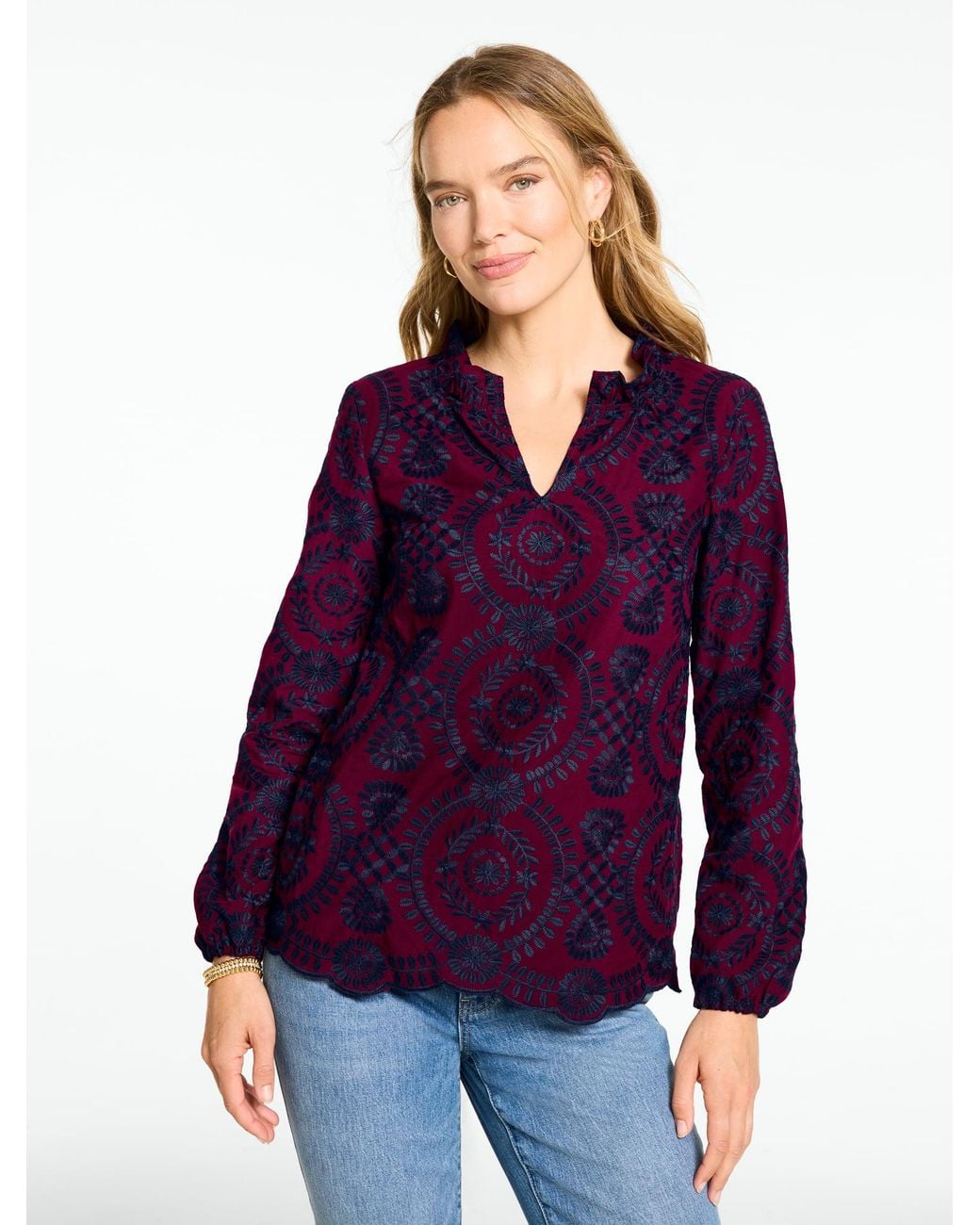 Talbots Purple Floret Medallion Embroidered Top