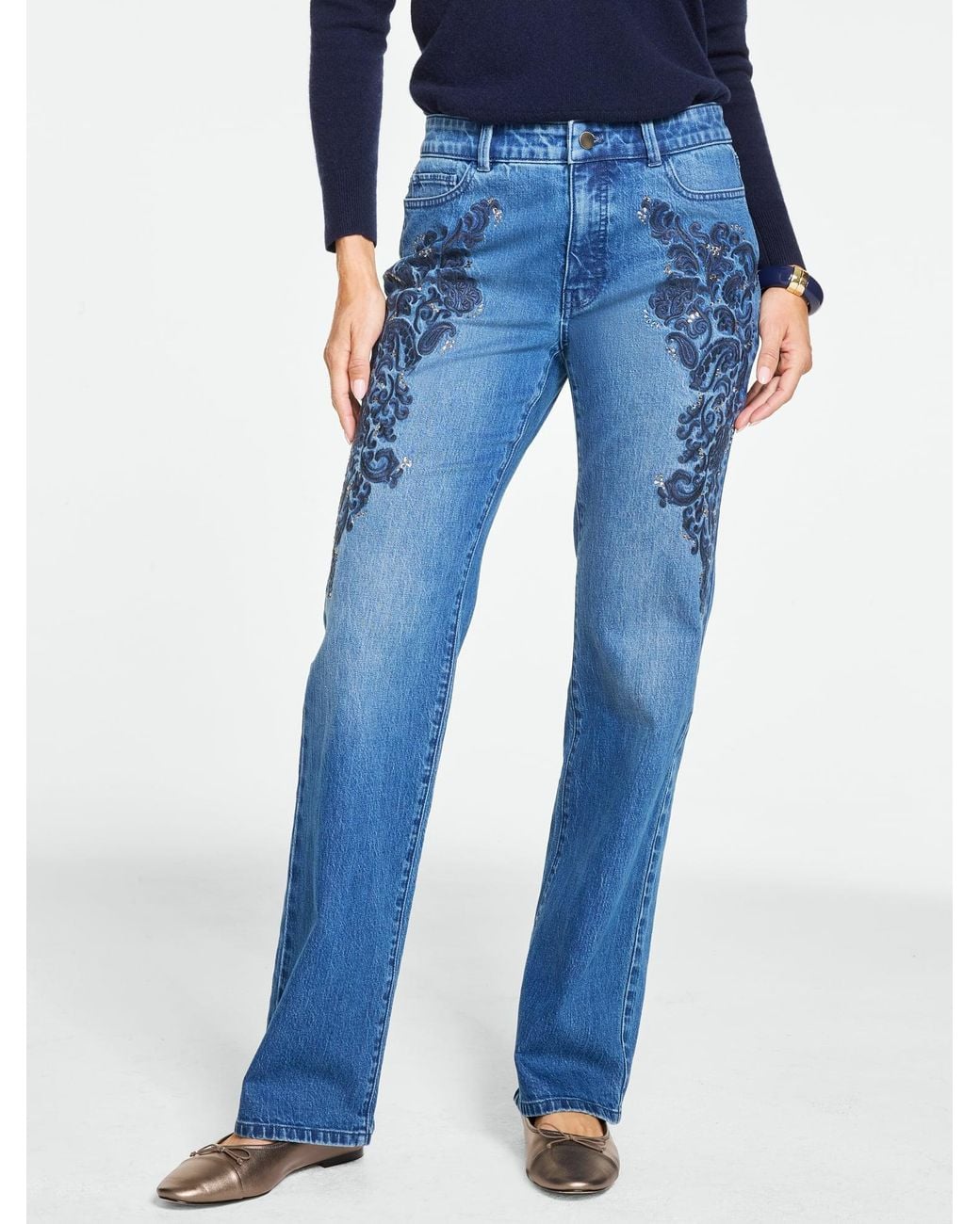 Talbots Blue Relaxed Bootcut Rhinestone Embroidered Jeans