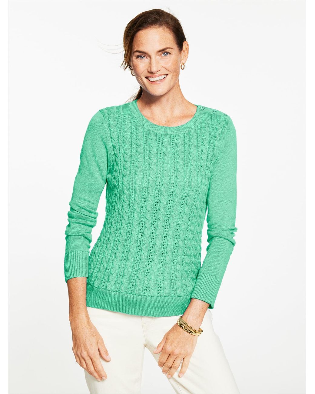 Talbots Green Cable Knit Crewneck Sweater