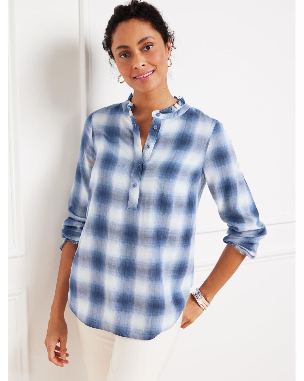 Talbots Blue Ruffle Trim Popover Shirt