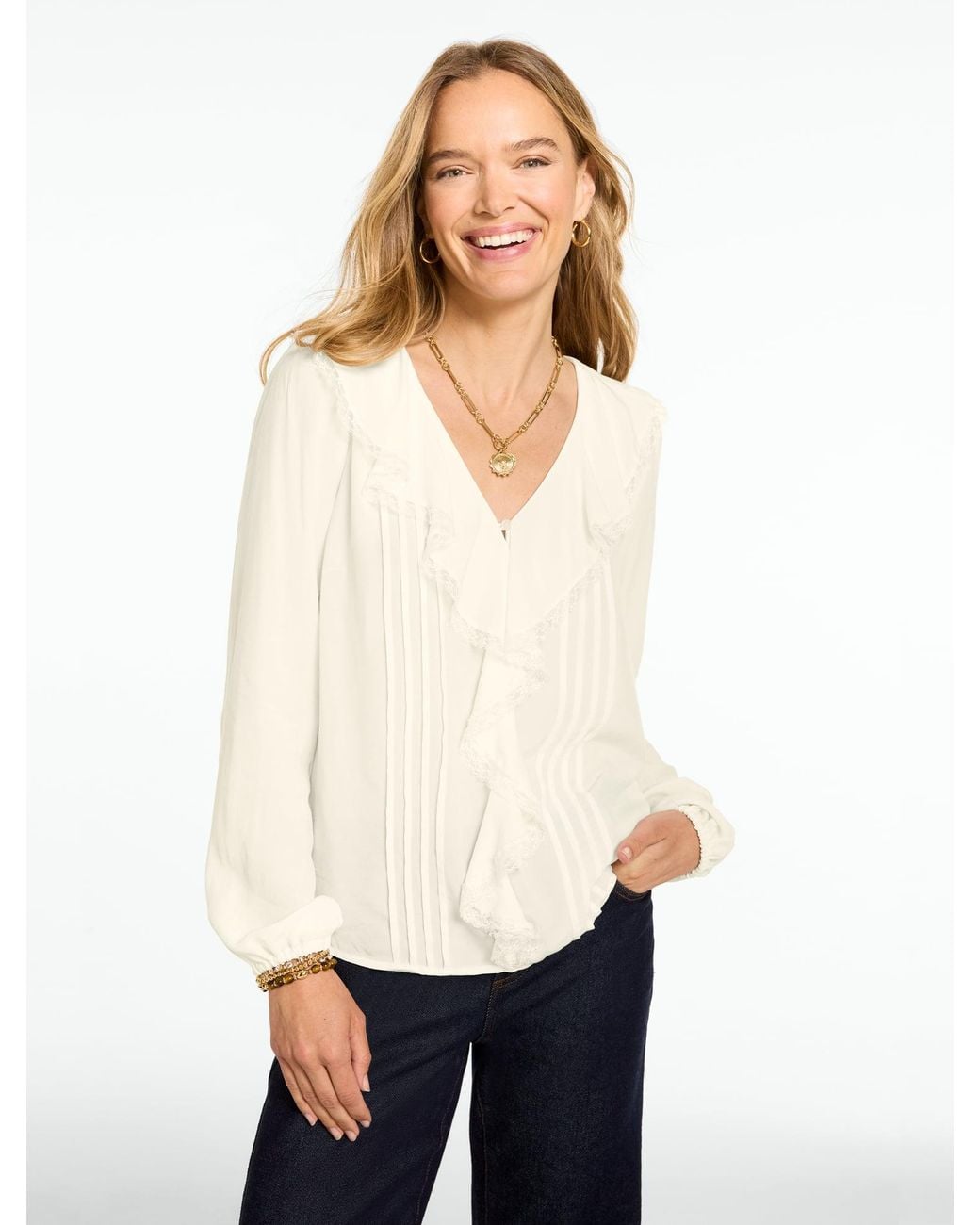 Talbots White Pintuck Ruffle Soft Top