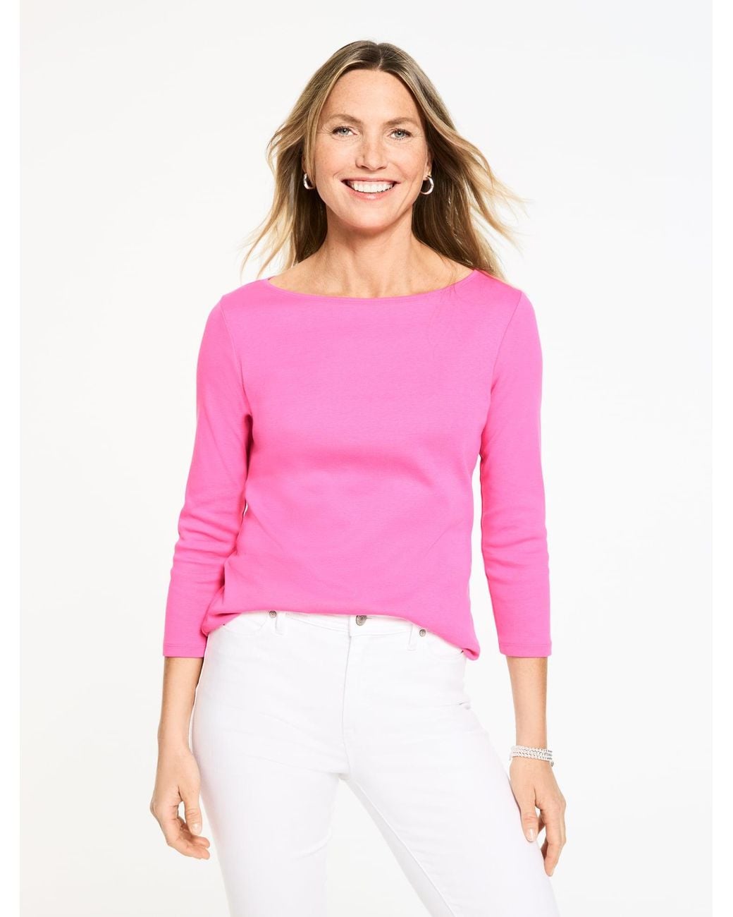 Talbots Pink Solid Bateau Neck T-shirt Pima Cotton