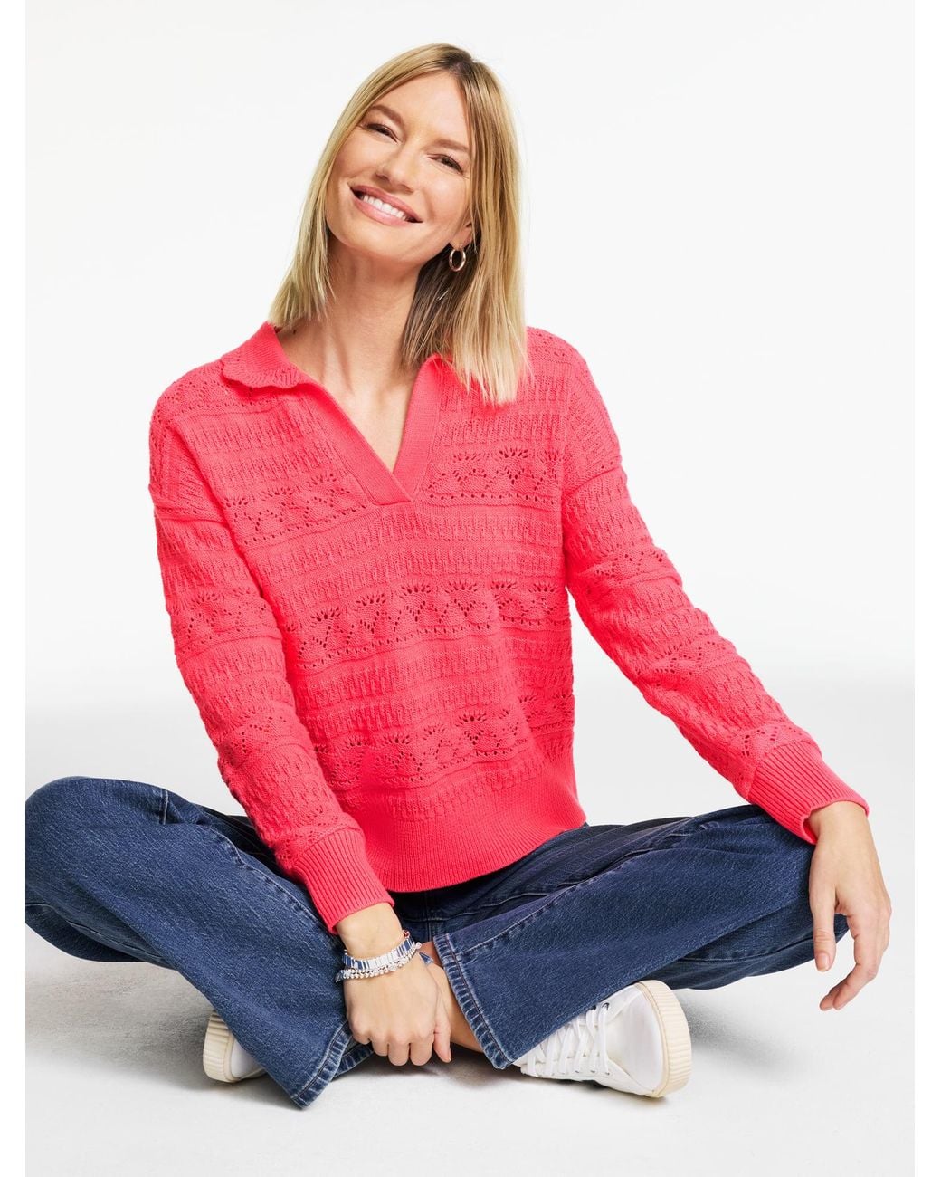 Talbots Red Pointelle Johnny Collar Sweater
