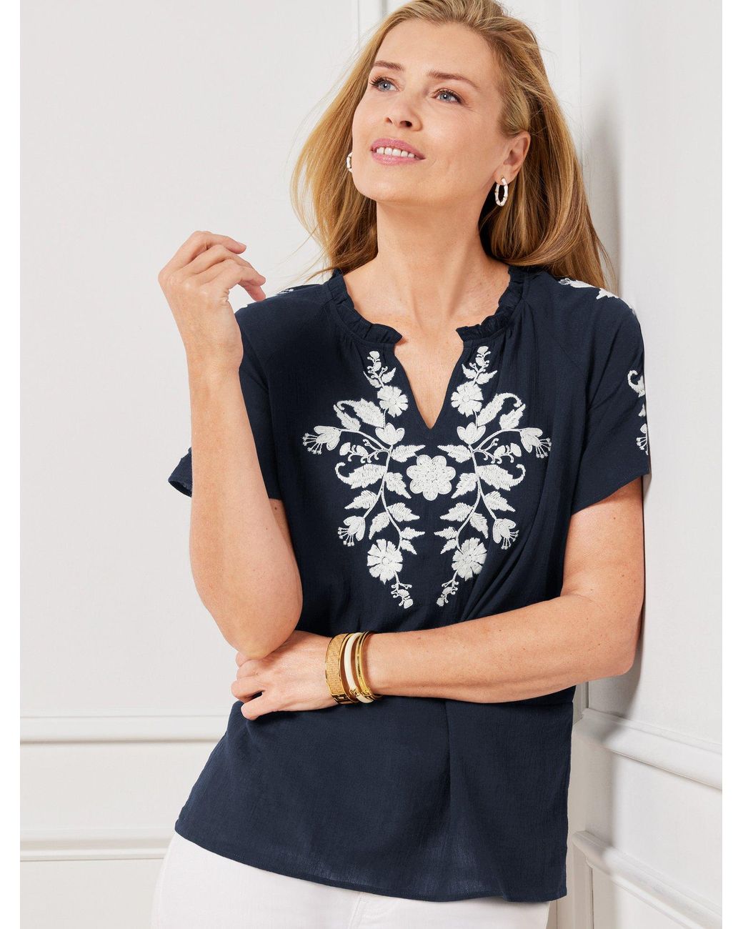 Talbots Embroidered Gauze Ruffle Neck Top in Blue