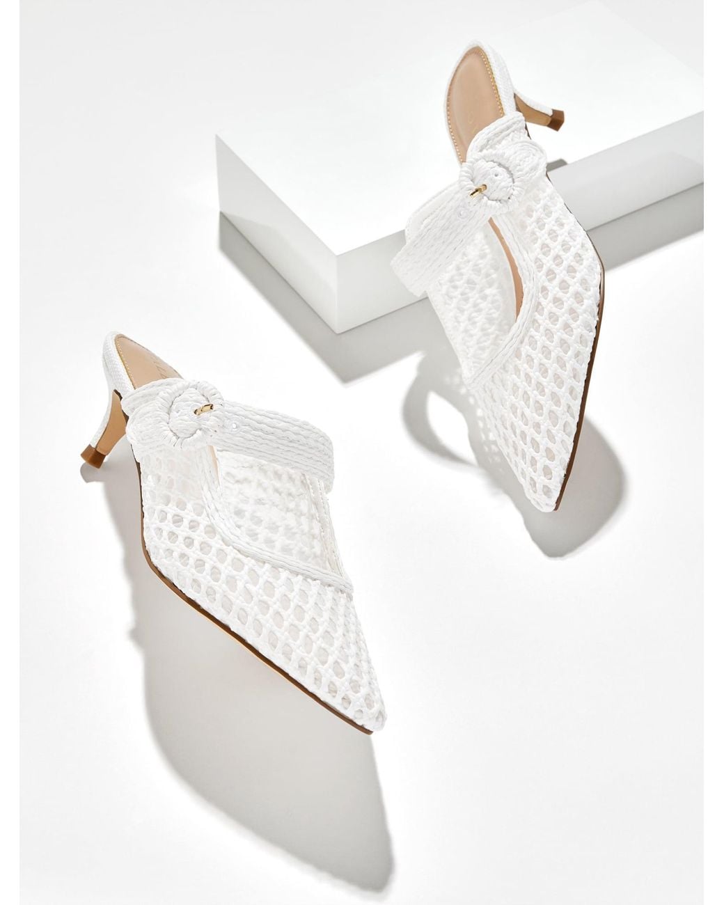 Talbots White Sylvie Woven Raffia Kitten Heel Mules