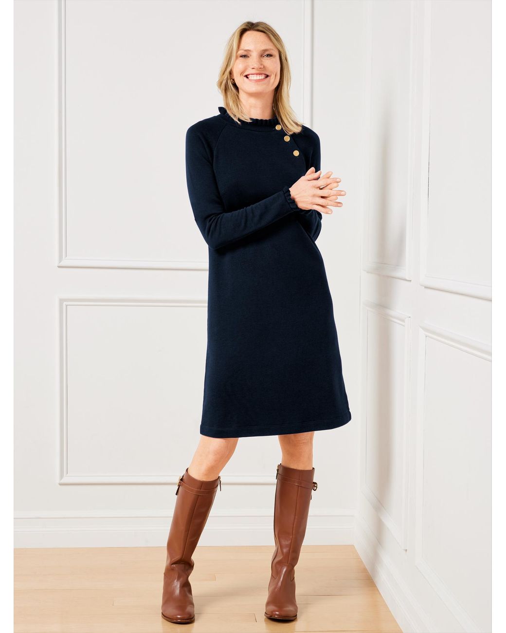 Talbots French Terry Ruffle Sweatshirt Dress in Blue