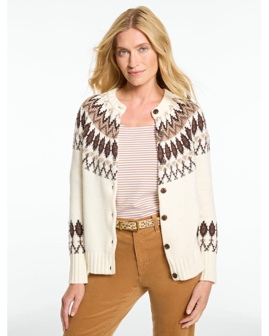 Talbots Natural Fair Isle Crewneck Cardigan Sweater