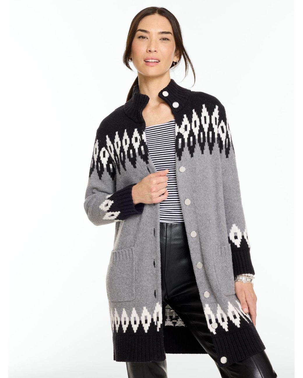 Talbots Gray Fair Isle Mockneck Cardigan Sweater