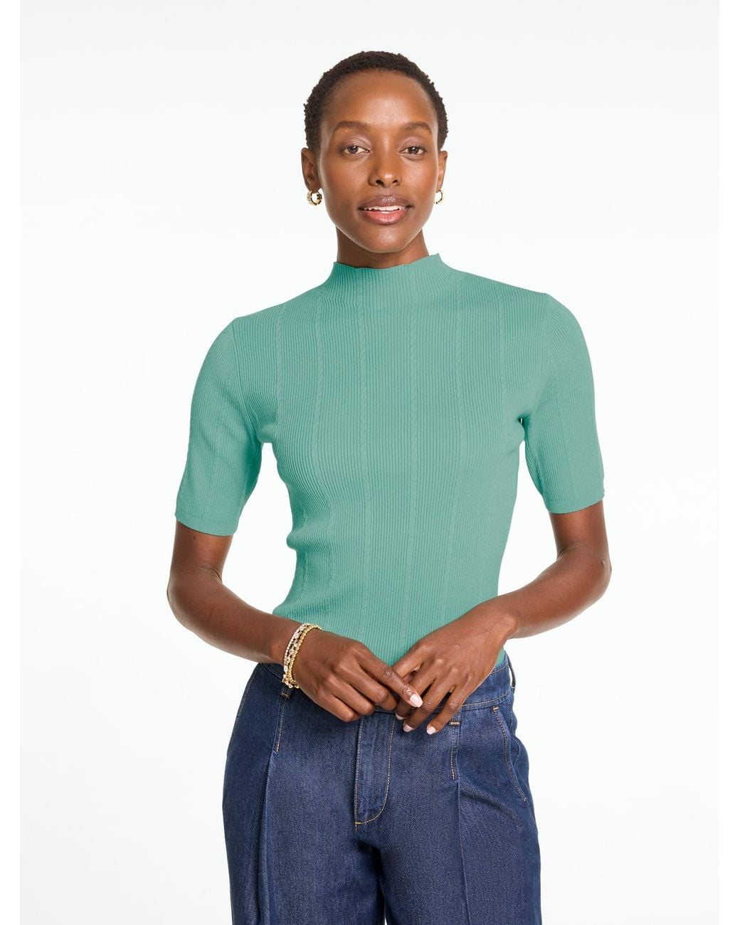 Talbots Green Ribbed Elbow Sleeve Mockneck Pullover Sweater