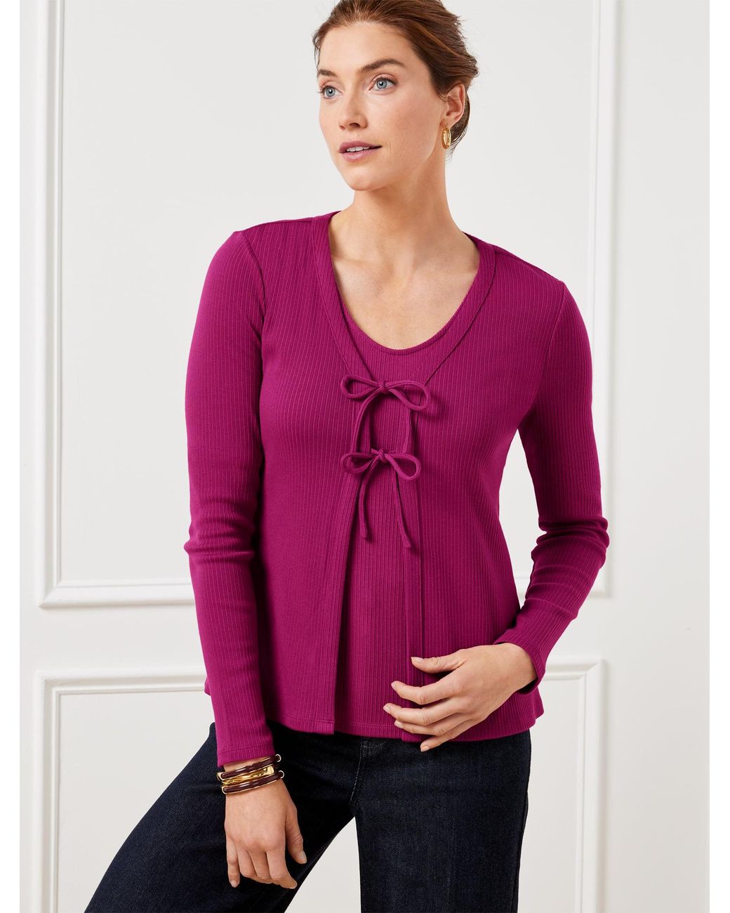 Talbots Pink Ribbed Tie Front Cardigan Sweater