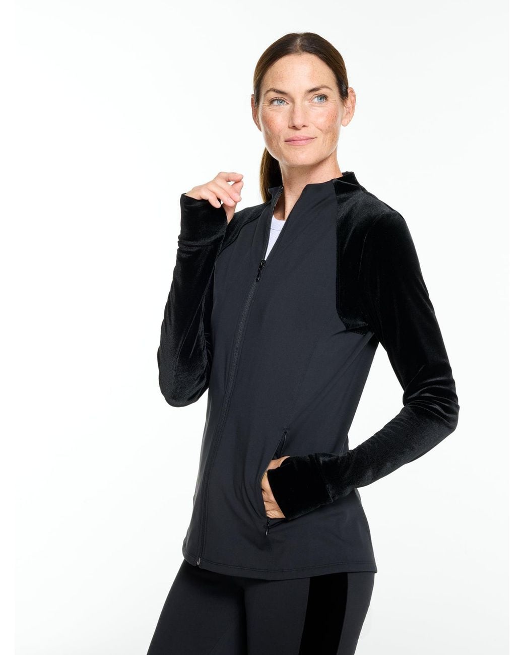 Talbots Black Mixed Media Velour Funnel Neck Jacket