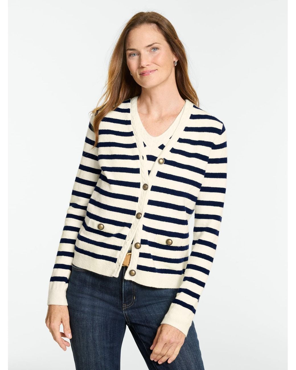 Talbots White Cable Knit V-neck Cardigan Sweater