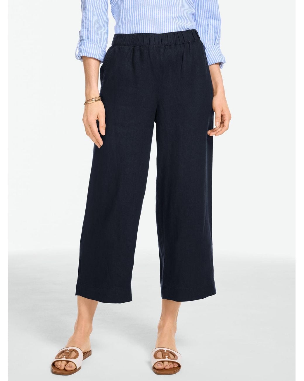 Talbots Blue Washed Linen Wide Crop Pull-on Pants