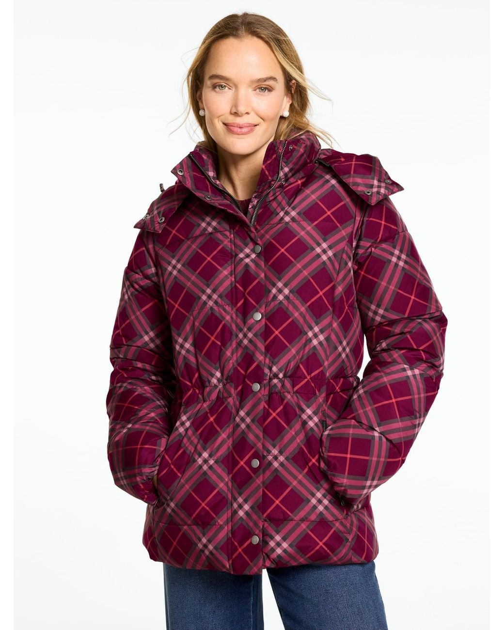 Talbots Red Magnificent Plaid Short Hooded Puffer Jacket