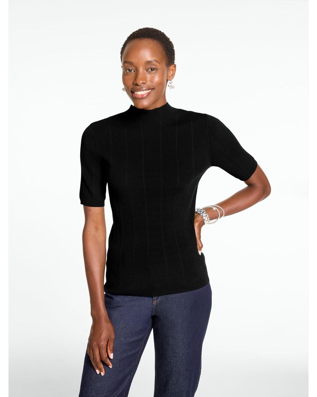 Talbots Black Ribbed Elbow Sleeve Mockneck Pullover Sweater