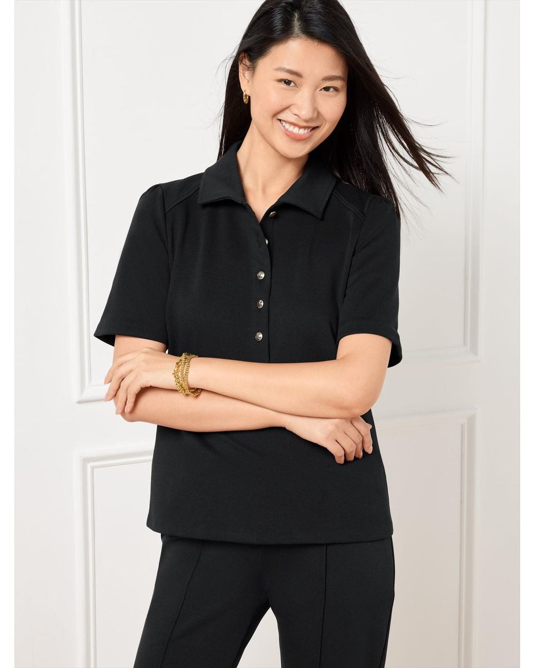 Talbots Black Passport Ponte Short Sleeve Polo