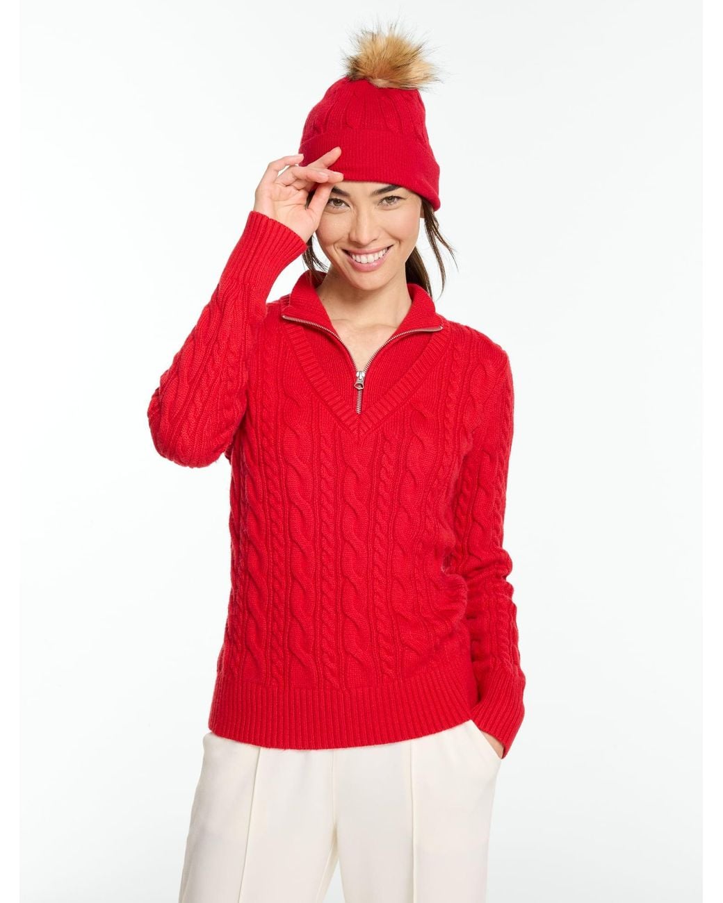 Talbots Red Cable Knit Half-zip Sweater