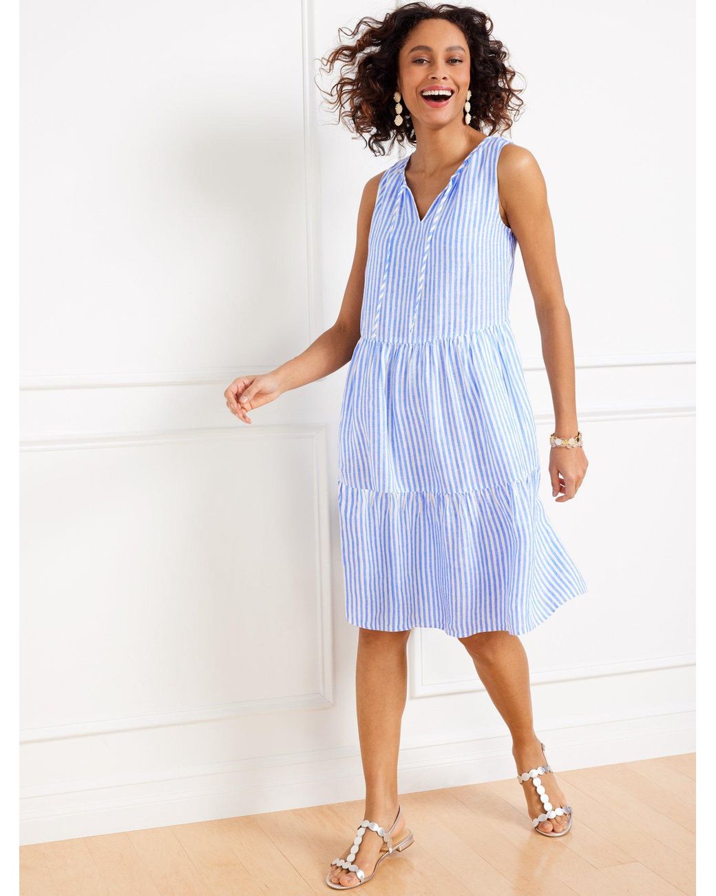 Blue and white fit and flare dress hot sale