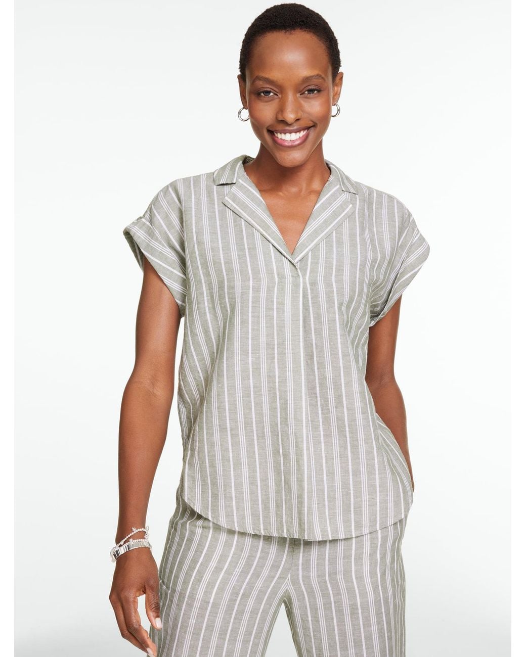 Talbots White Extended Shoulder Washed Linen Popover Shirt