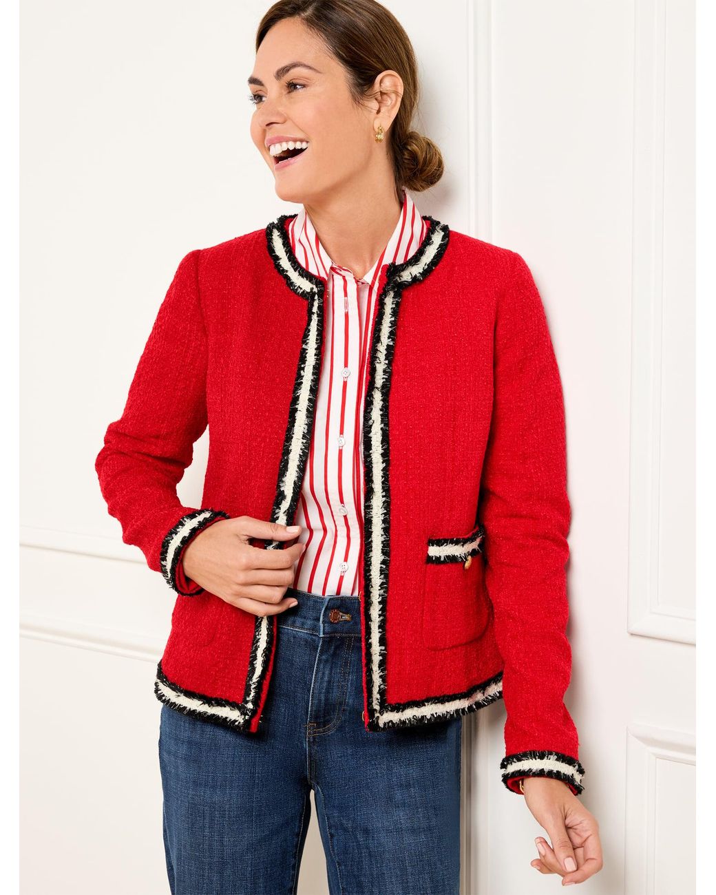 Talbots Red Fringe Stripe Tweed Jacket