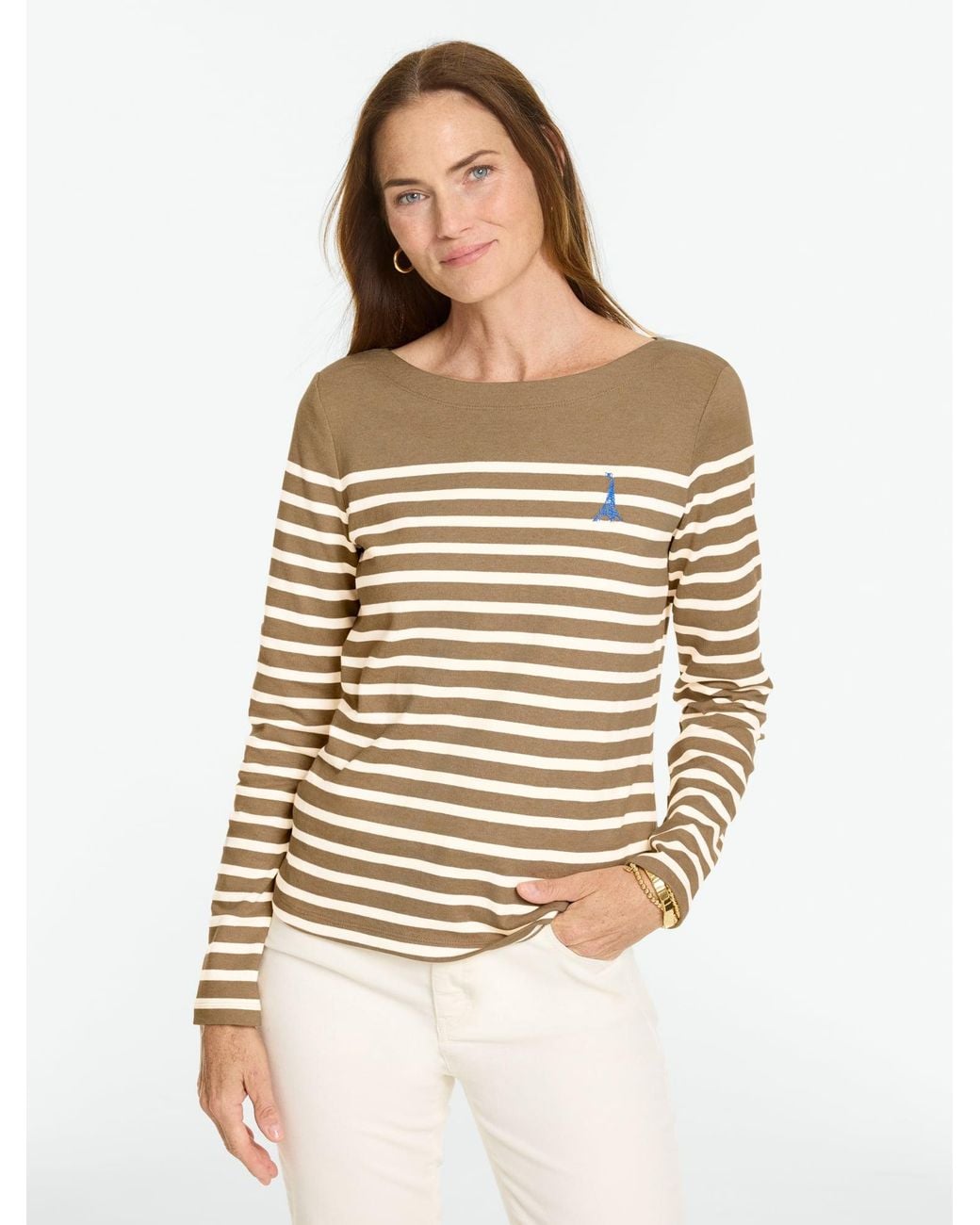 Talbots Natural Embroidered Bateau Neck T-shirt