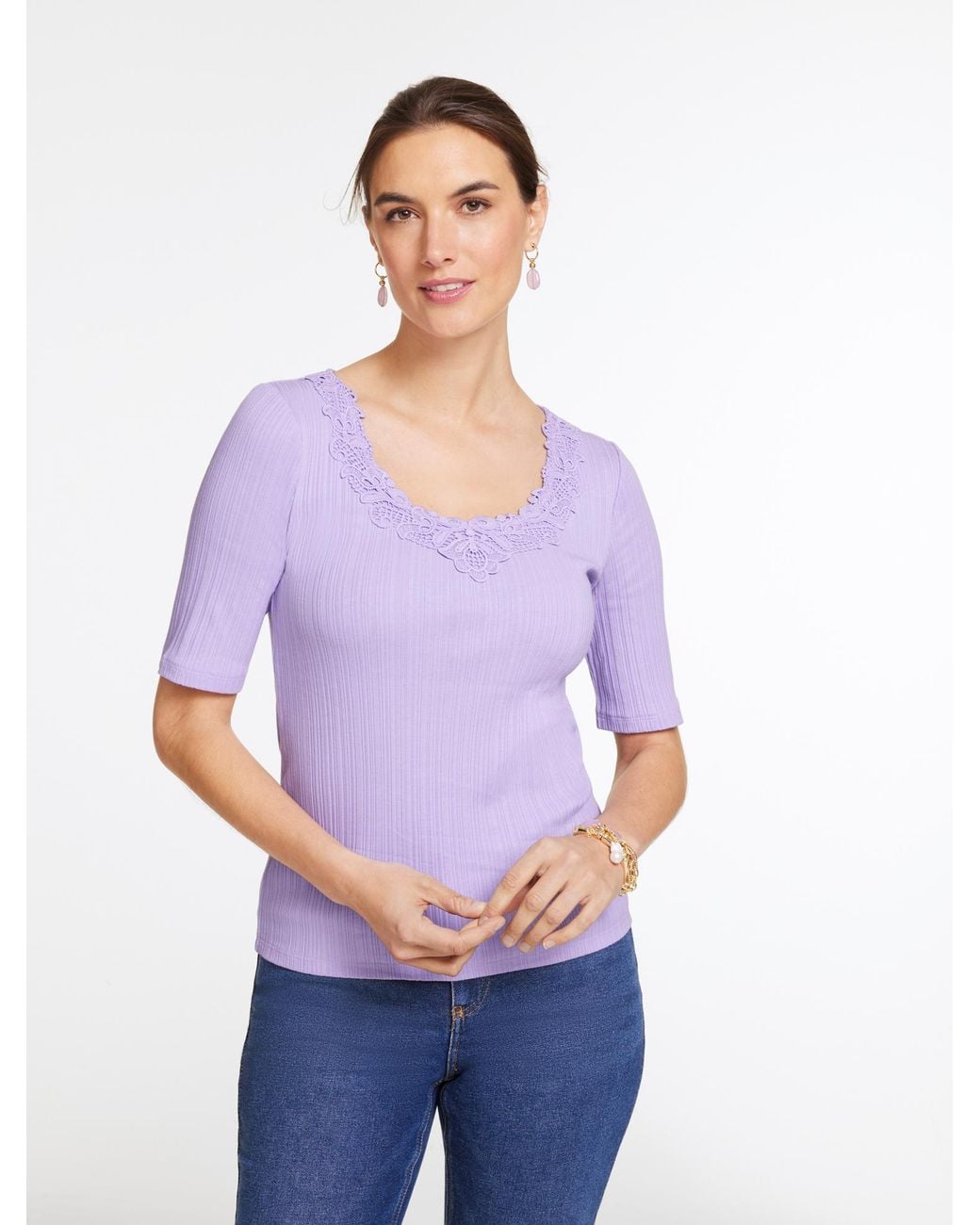 Talbots Purple Lace Trim V-neck Ribbed Top