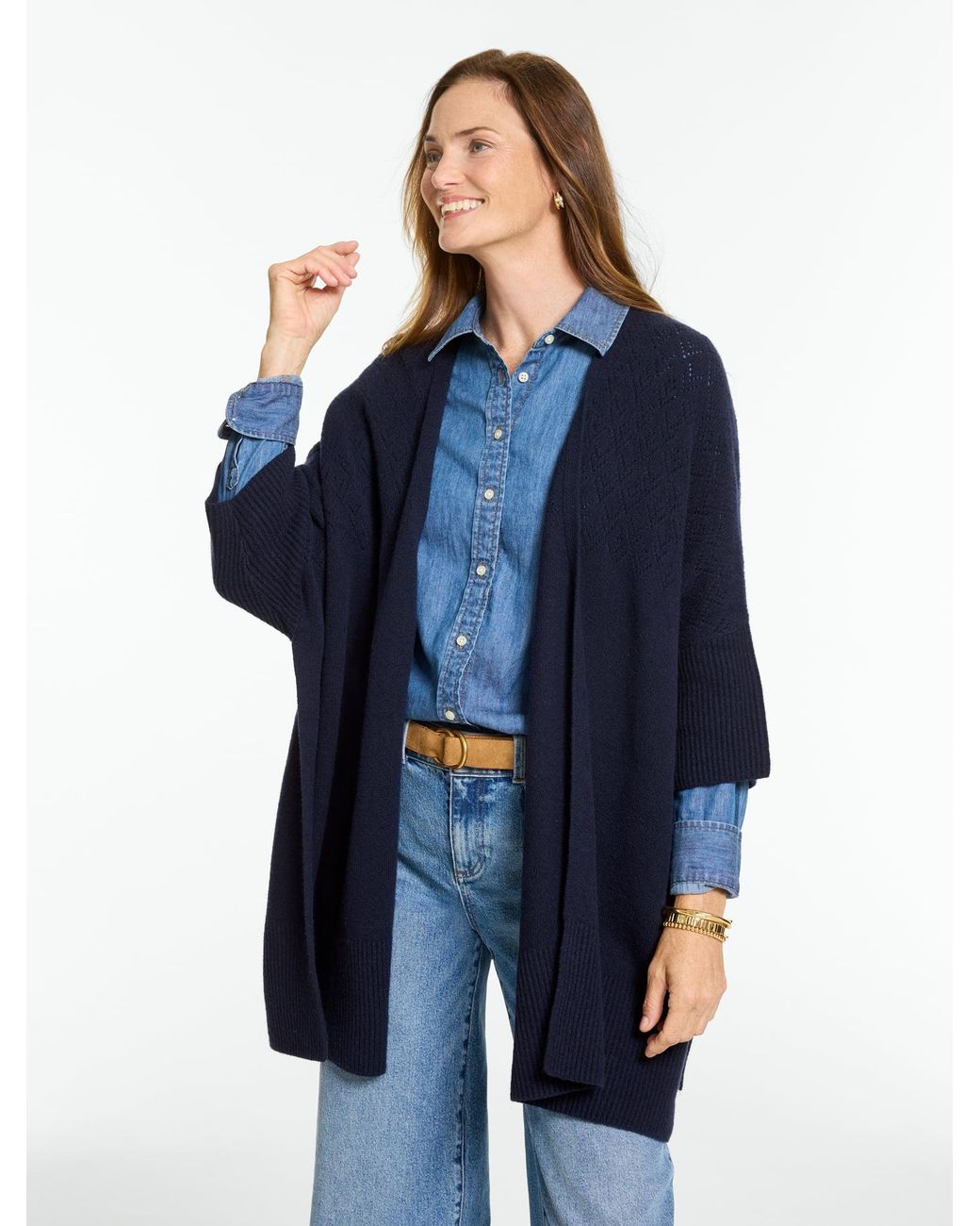 Talbots Blue Cozy Pointelle Open Front Cardigan Sweater