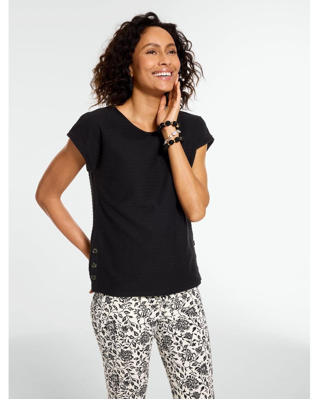 Talbots Black Jacquard Side Button T-shirt