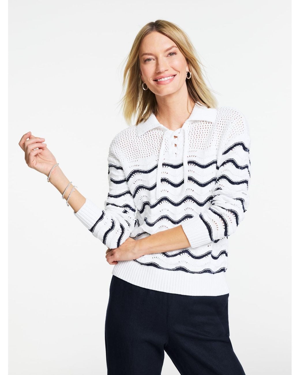 Talbots White Flame Stitch Johnny Collar Pullover Sweater
