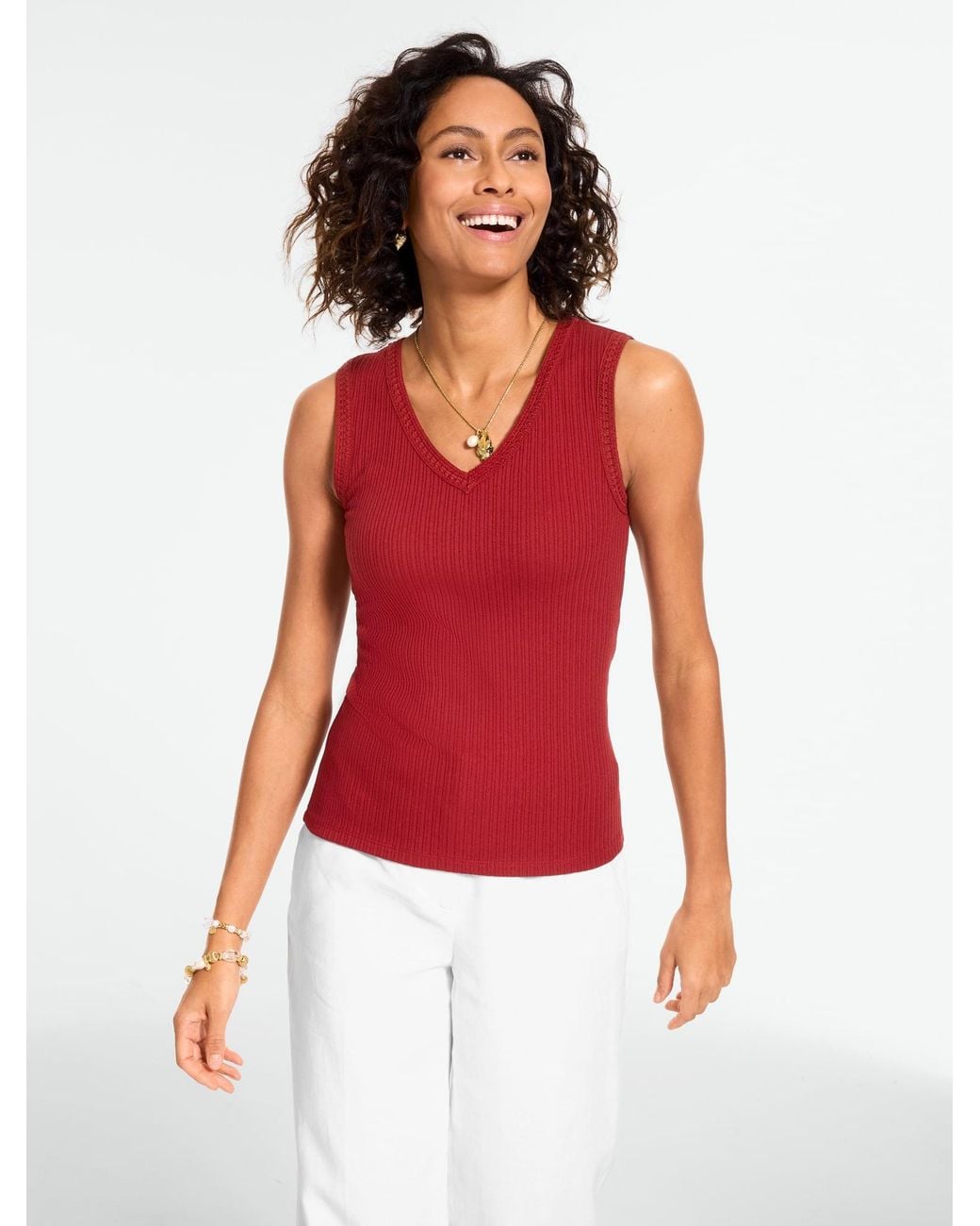Talbots Red Crochet Trim Ribbed Sleeveless Tank Top