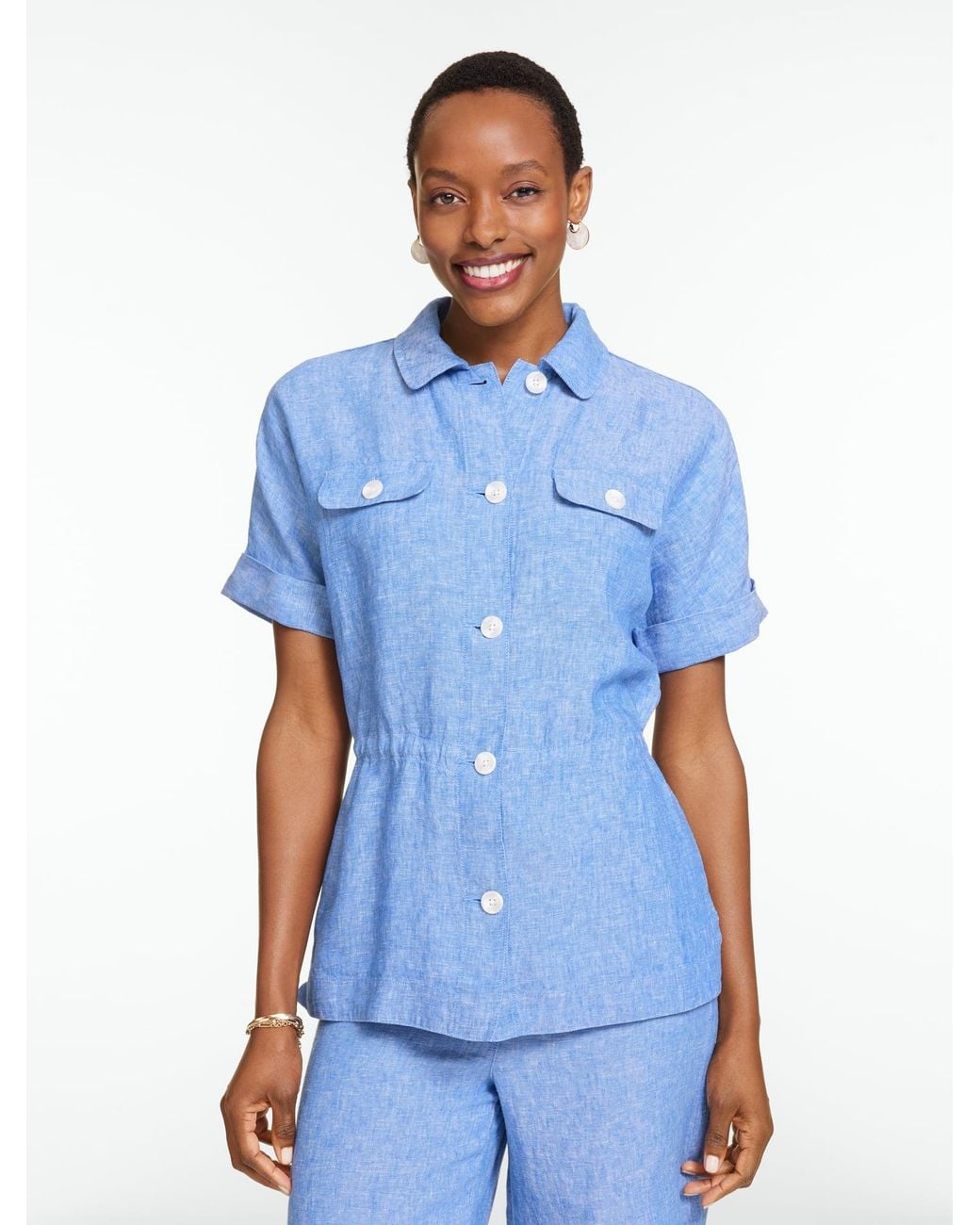 Talbots Blue Washed Linen Cinched Shirt Jacket