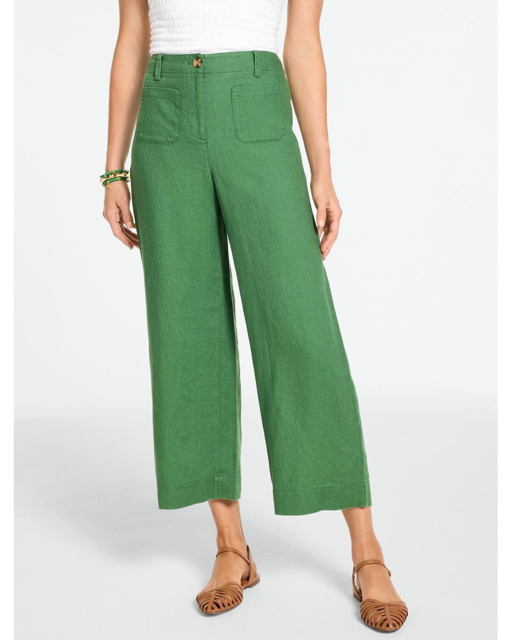 Talbots Green Washed Linen Wide Crop Patch Pocket Pants