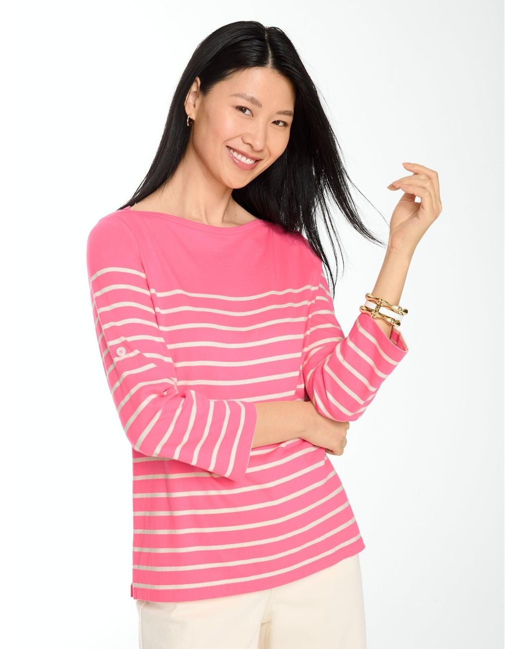 Talbots Pink Roll Cuff Bateau Neck Top