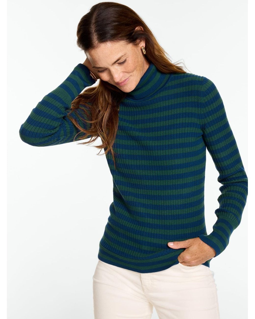 Talbots Blue Striped Ribbed Turtleneck Pullover Sweater