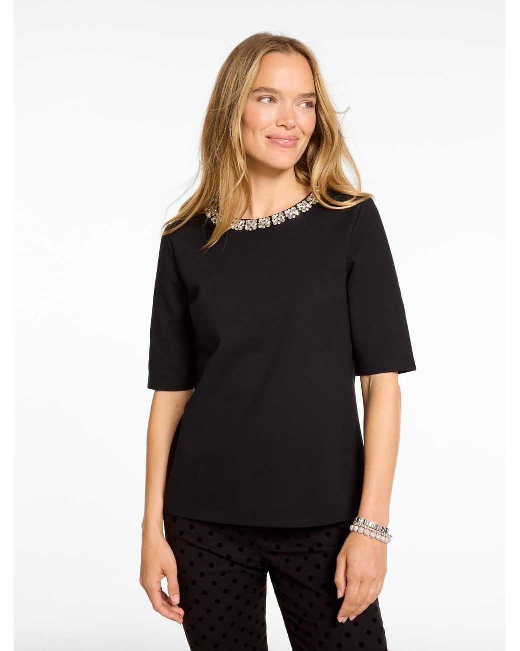 Talbots Black Polished Ponte Jewel Neck Elbow Sleeve Top