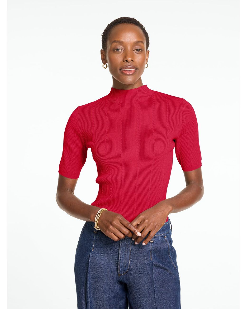 Talbots Red Ribbed Elbow Sleeve Mockneck Pullover Sweater