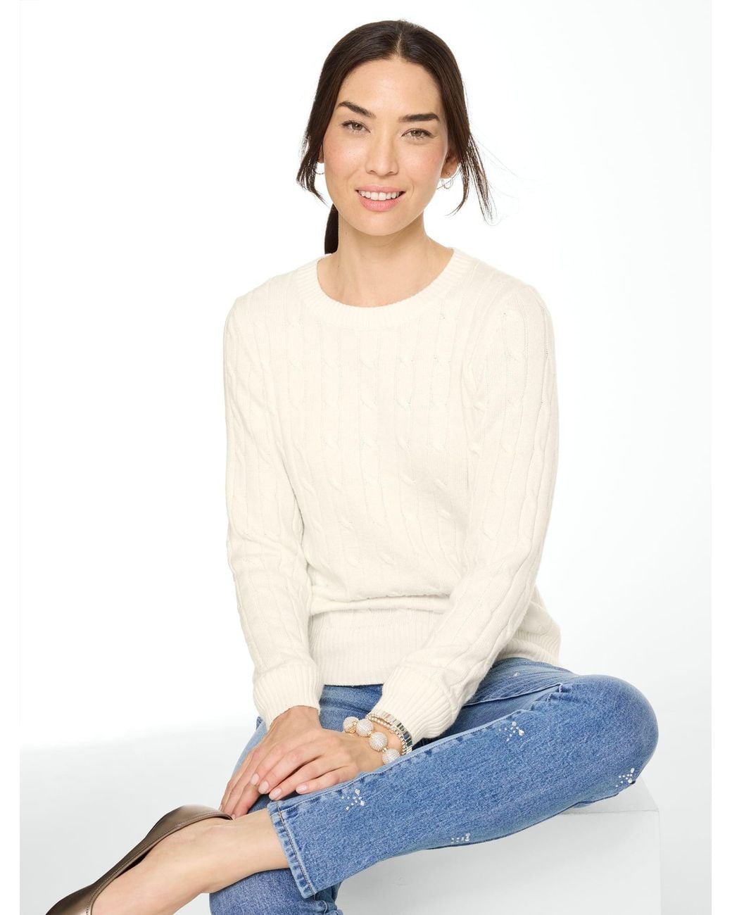 Talbots White Soft Cable Knit Crewneck Sweater