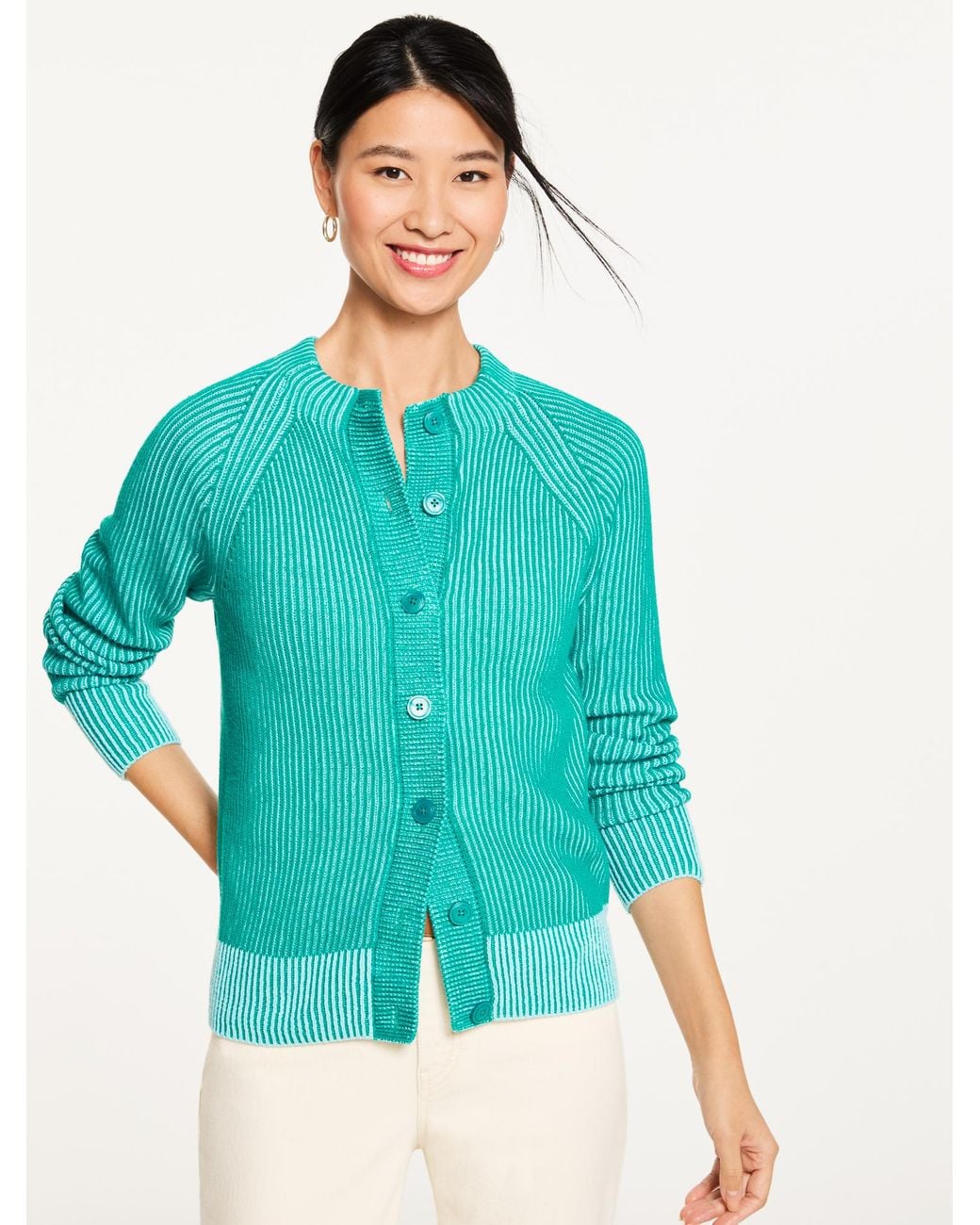 Talbots Green Shaker Stitch Crewneck Cardigan Sweater