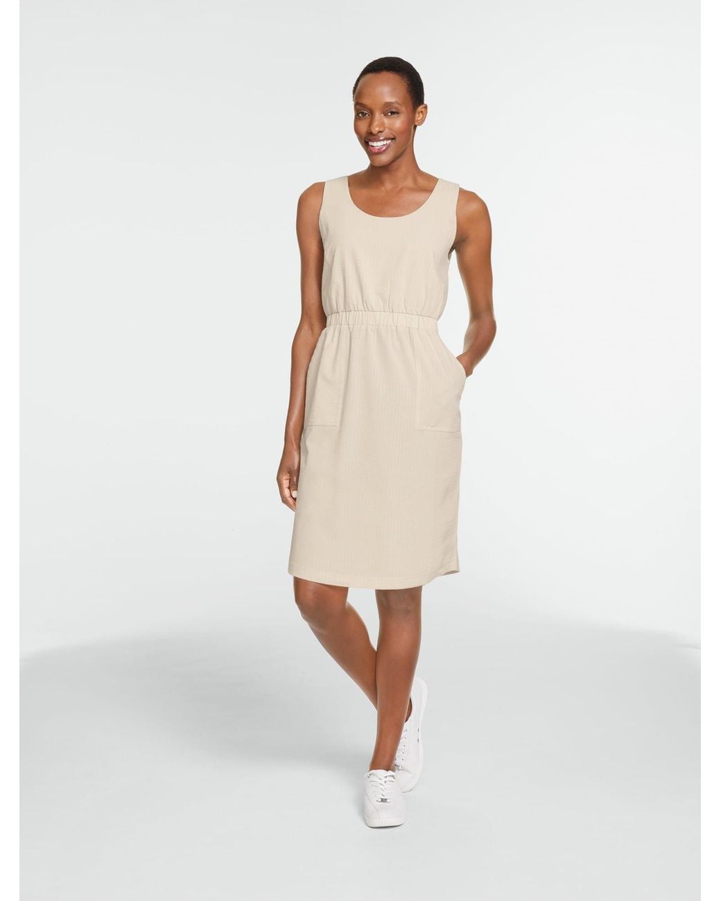Talbots White Lightweight Woven Stretch Sleeveless Seersucker Dress