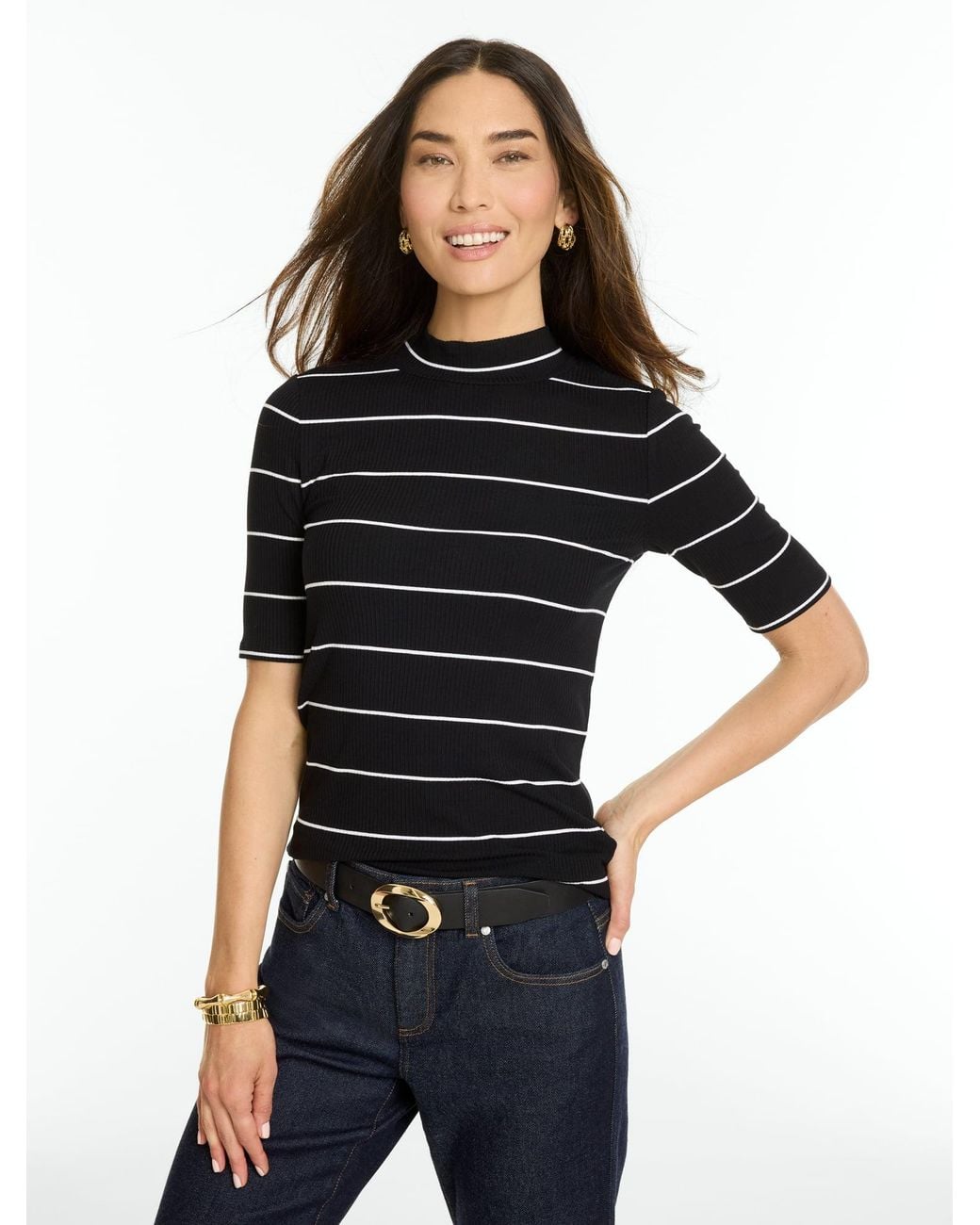 Talbots Black Ribbed Elbow Sleeve Mockneck Top