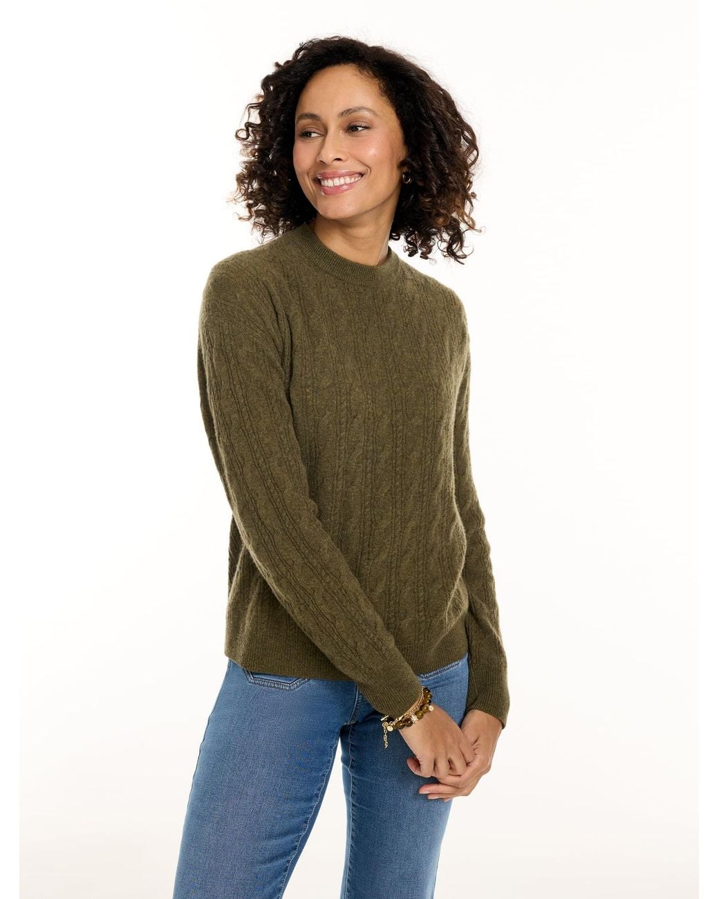 Talbots Green Cashmere Mixed Cable Crewneck Sweater